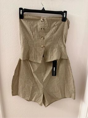 Fashion Nova Beige & Black Pinstripe Romper